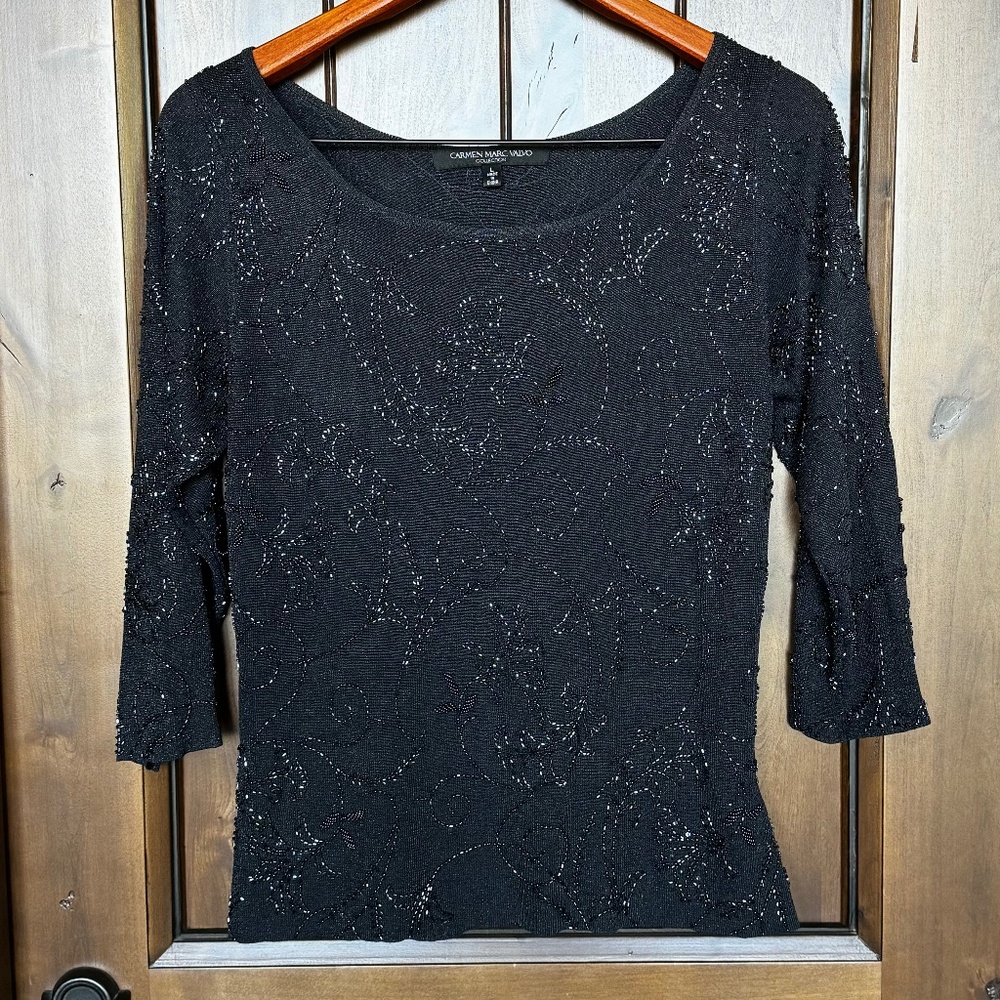 Carmen Mark Valvo Beaded 3/4 Sleeve Sweater/Top